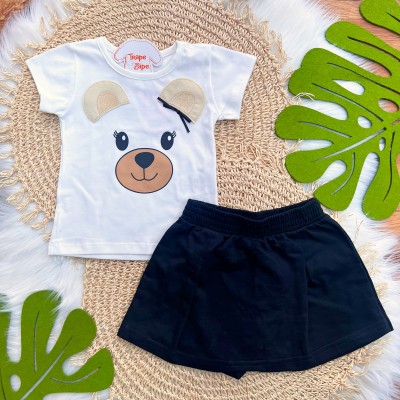Conj. Blusa Ursinha e Short Saia - Off White e Preto